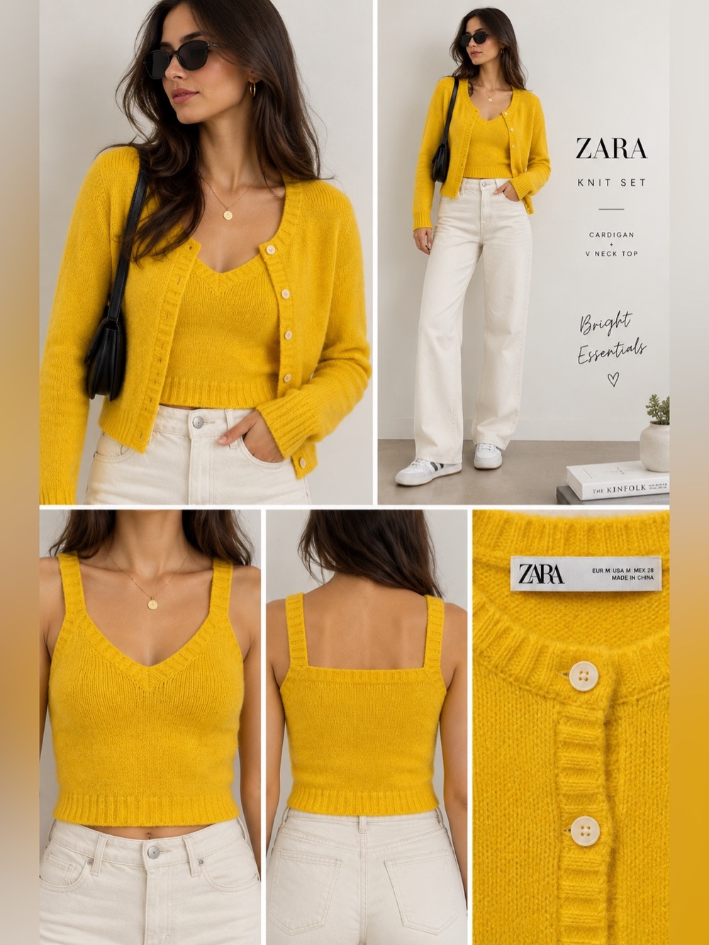 Zara Mustard Yellow Knit Cardigan & Tank Top Matching Set